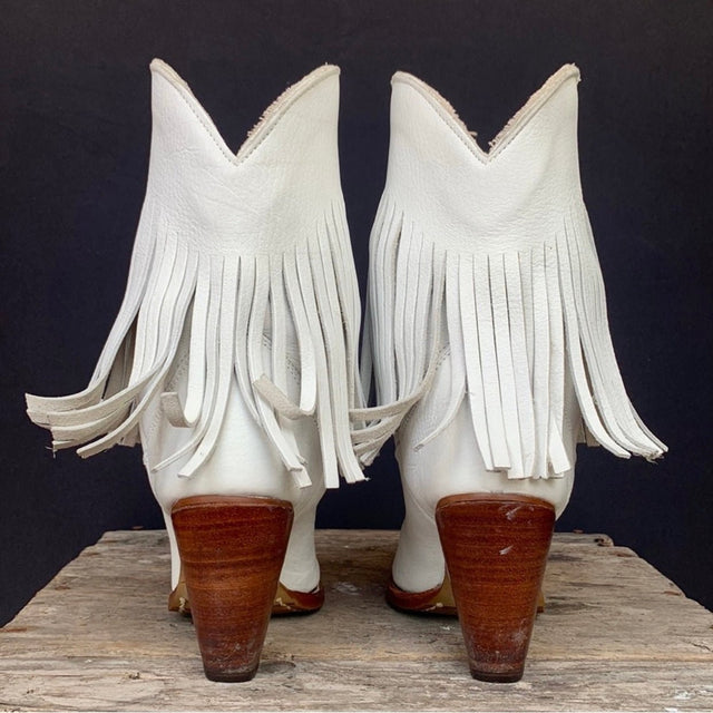 ZODIAC Vintage White Fringe Leather Cowgirl Cowboy Western Boots - Botablu