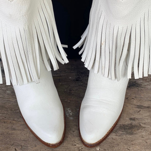 ZODIAC Vintage White Fringe Leather Cowgirl Cowboy Western Boots - Botablu