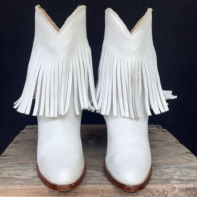 ZODIAC Vintage White Fringe Leather Cowgirl Cowboy Western Boots - Botablu