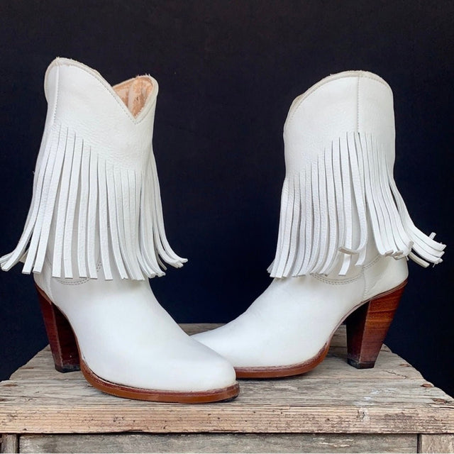 ZODIAC Vintage White Fringe Leather Cowgirl Cowboy Western Boots - Botablu