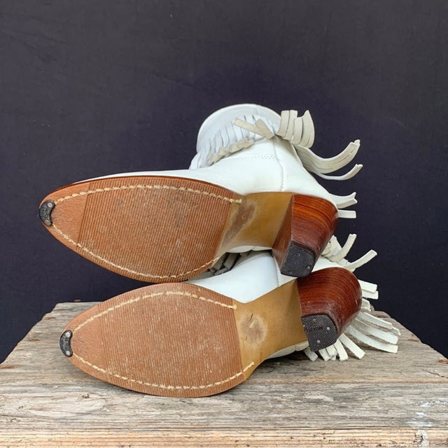 ZODIAC Vintage White Fringe Leather Cowgirl Cowboy Western Boots - Botablu
